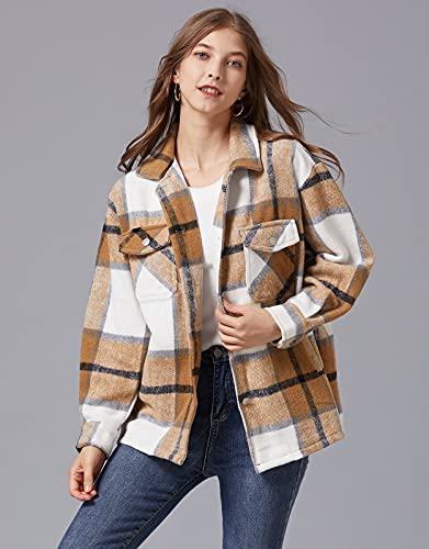 Liengoron Womens Shacket Jacket Plaid Wool Blend Oversized Button Down Shacket Jacket With Pocketed Shirts Coat（Khaki-M） #TOP4