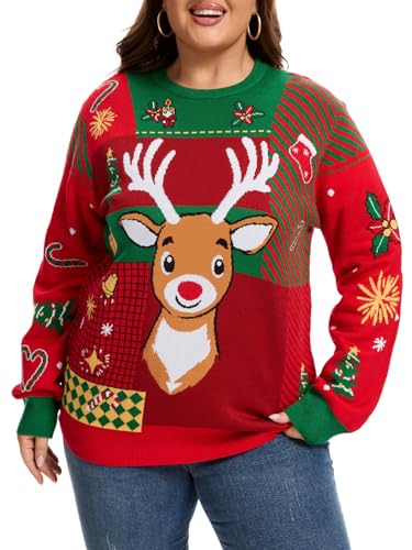 Moon Wood Christmas Jumpers for Women Funny Ugly Ladies Christmas Jumper Long Sleeve Winter Warm Knit Pullover Sweater Plus Size Floral 04 XL