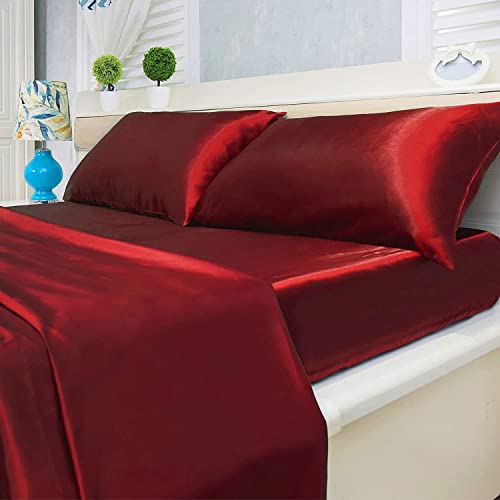 Luxury Home Satin Bed Sheet Set Ultra Soft 4-Piece King - Red