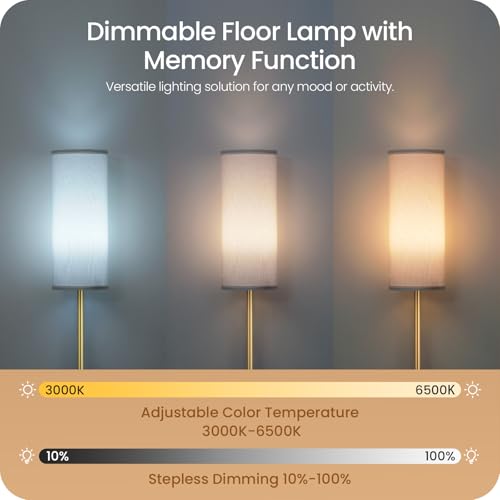 Image of Dimmable Floor Lamp for Living Room with Remote and Foot Switch, Corner Floor Lamp, 64.4'' Standing Tall Lamp, 10W 900LM LED Bulb Included, 3000K-6500K, Linen Shade, Gold White, FCC Listed DCW06LD05W1