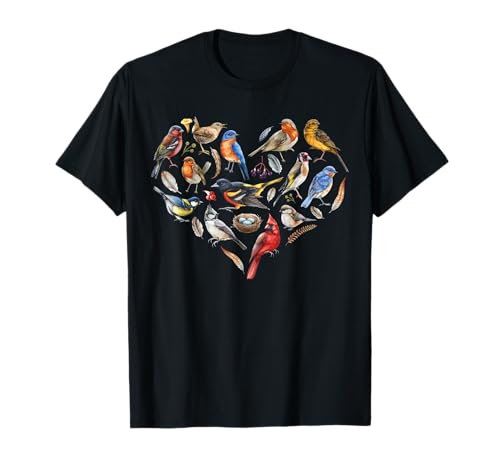 Forest Bird Heart Watching Cardinal Goldfinch Wren Chickadee T-Shirt