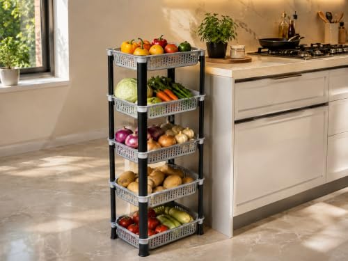 Image of KITCHIVO Multipurpose Storage Organizer Slim Rack Shelf with Wheels for Living Room, Office, Bedroom, Bathroom, Kids Room, Kitchen Trolley (Grey, 5 Layer)