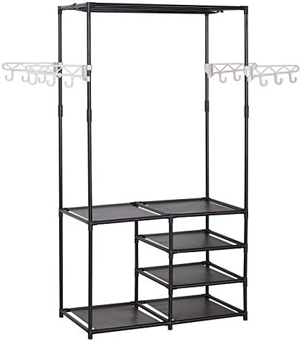 WOLTU Heavy Duty Clothing Coat Rack, Double Rail Garment Rack, 6 Tiers Shelves for Shoes Rack, 4 Hooks Hanging Shelf Black SR0028