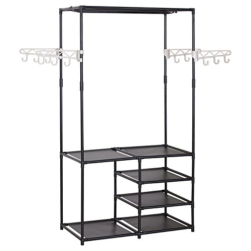WOLTU Perchero de Pie para Colgar Ropa con Zapatero, Metal 87x44x158cm, Negro SR0028