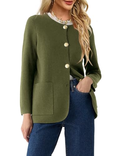 Langwyqu Womens Crew Neck Button Down Cardigan Sweaters Blazer Casual Long Sleeve Knit Solid Sweater with Pockets