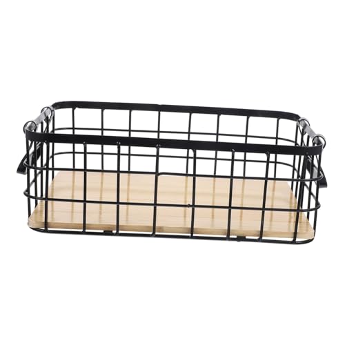 LALADEFIEE Cesta Metálica de Almacenamiento con Asas Organizador de Alambre para Cocina y Estantes Cesta Rectangular Negra con Base de Madera para Frutas y Objetos Pequeños Resistente y