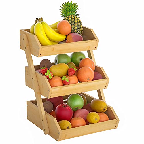 G.a Homefavor Large Bamboo Fruit Basket, 3-Tier Fruit Bowl For Kitchen Counter, Vegetable Storage Stand For Fruit Shop, 15 Mm Thickness (Self-Assembly) #TOP1
