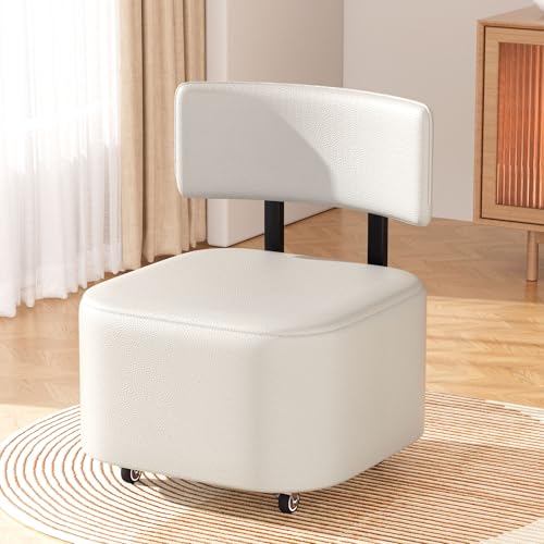 Wefrib Taburete con ruedas con respaldo bajo con ruedas de piel sintética, silla de ruedas para hogar, oficina, garaje, tienda, biblioteca (gris)