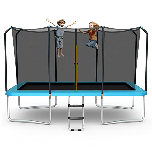 HONEY JOY 14 x 8FT Outdoor Kids Trampoline, ASTM Certified Rectangular Trampoline with Enclosure Net, Safety Net and Ladder, 200 kg Weight Capacity, Recreational Trampoline for Kids Adults (Blue)