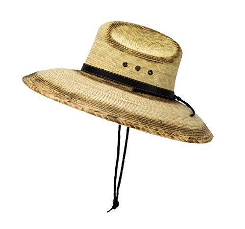 Rising Phoenix Industries Natural Palm Leaf Straw Super Wide Brim Lifeguard Hat with Chin Strap, Flex Fit (Burnt Stain), Large