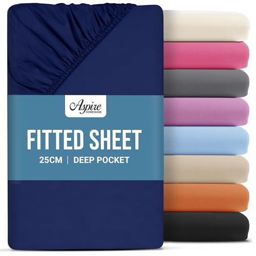 Aspire Homeware Double Fitted Sheet - 25 cm Deep Hotel Quality (Navy) Bed Sheets - Soft & Breathable Fitted Bed Sheets Double - Anti-Wrinkle Easy Care Fitted Sheets