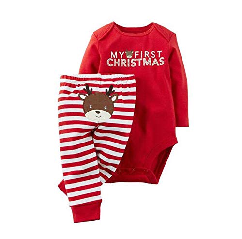 WangsCanis Neugeborenes Xmas Baby Junge Mädchen Erste Weihnachten Hirsch Weihnachtsmann Strampler + Gestreifte Hosen 2pcs Outfits Set, Weihnachten Hirsch #1, 80 Cover