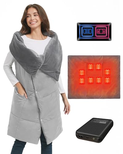 Battery Heated Blanket, FERNIDA Electric Heated Throw with 7.4V Power Bank, Fast Heating Wearable Thicken Heated Shawl for Home, Office, Travel, Camping, 3 Heat Settings, Gray