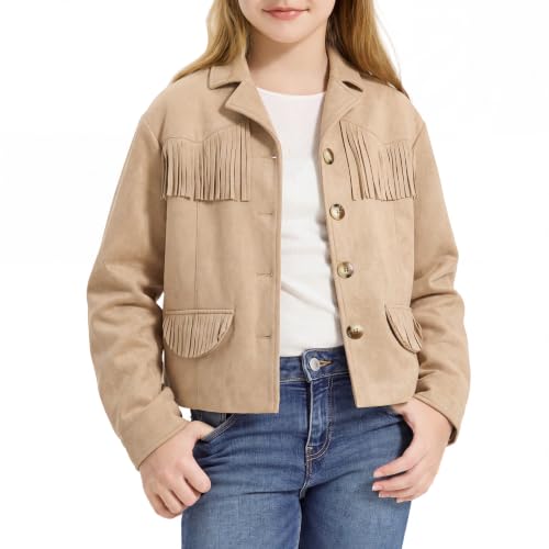 Rolanko Girls Faux Suede Fringe Jacket Western Cropped Coat for Kids 9-15 Y
