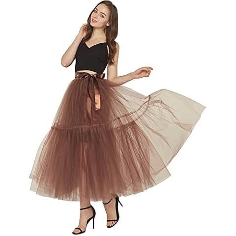 Women Christmas Tutu Skirt Tulle Knee Length Underskirt Mesh Elastic Waist Sexy Tutu Skirt, Long-coffee, One Size Cover