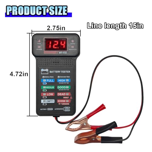 12V Car Battery Tester, Battery Load Monitor with LCD Screen and Indication, Fast Response Automotive Voltage Indicator, Automobile Batteries and Alternator Charging Analyzer