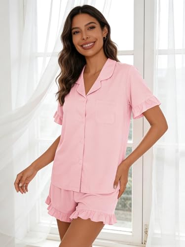 Image of SWOMOG Woman Pajama Set Short Sleeve Pjs Set 2Pcs Short Pajamas Button Down Ruffle Hem Sleepwear Soft Modal Loungewear