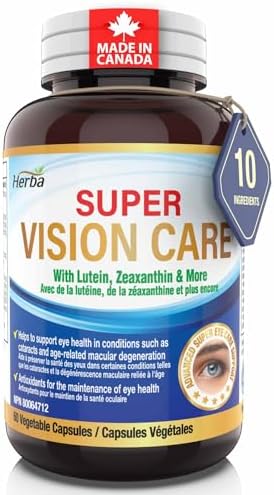 Herba Vision Care Supplement - Eye Vitamins with Lutein and Zeaxanthin – 60 Capsules | Eye Health Supplements for Sight | Selenium, Bilberry, Blueberry, and More | Eye Vitamins for Macular Degeneration and Vision Support | Made in Canada
