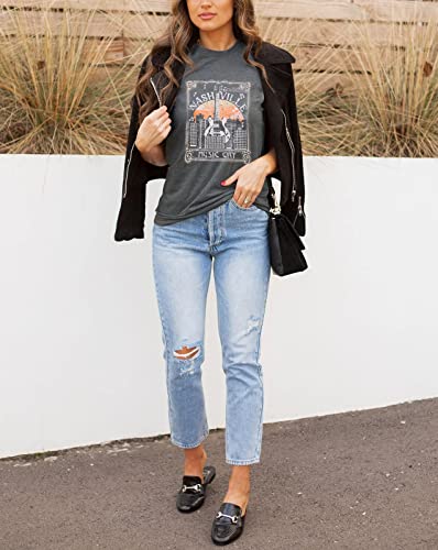 Women Nashville Music Shirt Distressed Guitar Wings Graphic Tee Rocker T Shirt Vintage Country Music Clothes (Xl, Grey) #TOP4