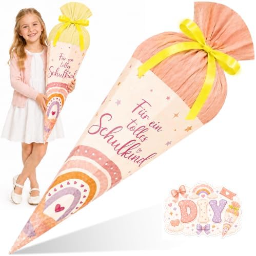58 cm Schultüte Einschulung Zuckertüte Mädchen Füllung Groß Bastelset | Geschwister Schultüten Einschulung Mädchen Geschenk, Regenbogen DIY Zuckertüte 6-eckig, Lackkarton, Ø 24 cm