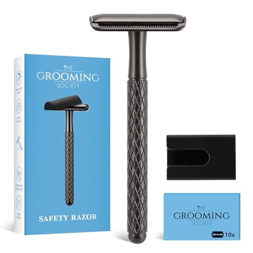 The Grooming Society Single Blade Safety Razor for Men with Silicone Cover & 10 Blades Double Edge Safety Razor for Travel Metal Eco-Friendly Reusable Razor for Shaving (Matte Black)