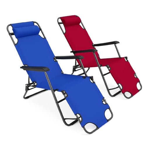 TIENDA EURASIA – Tumbonas Jardin Exterior | Pack de 2 | Reposacabezas | Azul y Rojo | Tejido 100% Oxford 600D, Acero Inoxidable y ABS | 174x60x90 cm | Asas de Bloqueo Fijo | Plegable y Reclinable