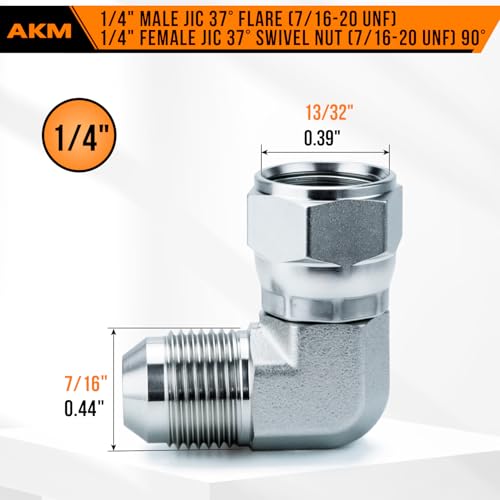 Image of 90 Elbow Straight Hydraulic Hose Adapter Fittings, 6500-04-04 1 /4 inch Male JIC (7 /16 inch-20 thread) x 1 /4 inch Female JIC (7 /16 inch-20 thread) Swivel Connectors x 10 pack