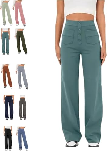Hose – Damenhose, leger, hohe Taille, Stretchhose, gerades Bein, Hose mit Taschen, Bloomydove-Hose für Damen, dunkelgrün, XL