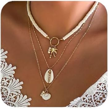 Artmiss Boho Layered Shell Necklace Gold Charm Women Multilayer Cocos Pendant Necklace Pearl Rhinestones Chain Jewelry for Women