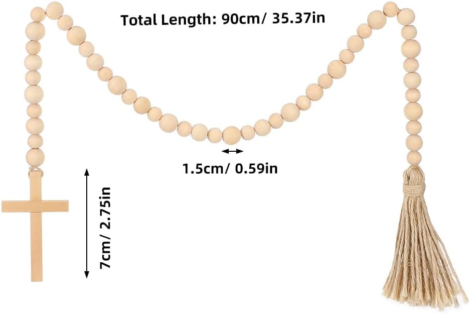 Amosfun 35" Wood Bead Garland with Tassels Farmhouse Home Decor Prayer Boho Beads Wall Hanging Decor, Wooden Garland for Tiered Tray