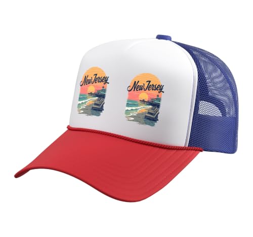 Vintage New Jersey Sunset Retro New Jersey Trucker Hat with Adjustable Mesh Back, Red/White/Royal Blue