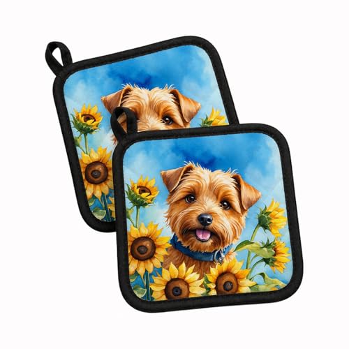 Caroline's Treasures Norfolk Terrier in Sunflowers Pair of Pot Holders Kitchen Heat Resistant Pot Holders Sets Oven Hot Pads for Cooking Baking BBQ, 7 1/2 x 7 1/2