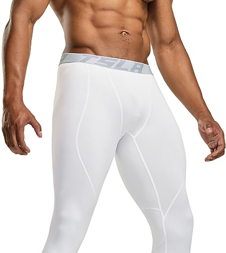 TSLA Men's Thermal Compression Pants, Athletic Sports Leggings & Running Tights, Wintergear Base Layer Bottoms, Heatlock White, Medium