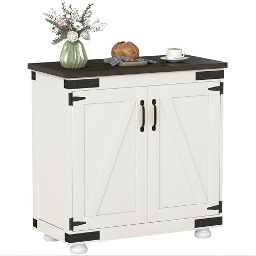 Image of HOMCOM Modern Farmhouse Sideboard, Kitchen Storage Cabinet with Barn-Style Door and Adjustable Shelf, Buffet Cabinet with Wood Legs, Distressed White