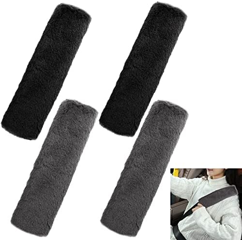 4 Packs Faux Sheepskin Car Seat Belt Pads, Black Grey Seat Belt Covers Soft Faux Fur Seatbelt Strap Cover Safety Belts Cover for Kids Adult