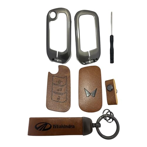 Image of Zinc Metal Alloy Leather Car Key Cover & Case Brown with Keychain & Holder fit for Mahindr.a Scorpio, Bolero, XUV700, XUV300, Thar, TUV300 Plus, XUV400, Marazzo (3 BT Flip Key)