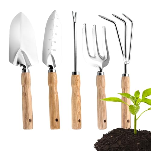 Outils de Jardinage pour Femmes - Ensemble De Cinq Bêches en Acier Inoxydable Robustes avec Manches en Bois,Ensemble D'Outils À Main pour Jardin | pour Fleurs Légumes Serre Pique-Nique Maison Jardin