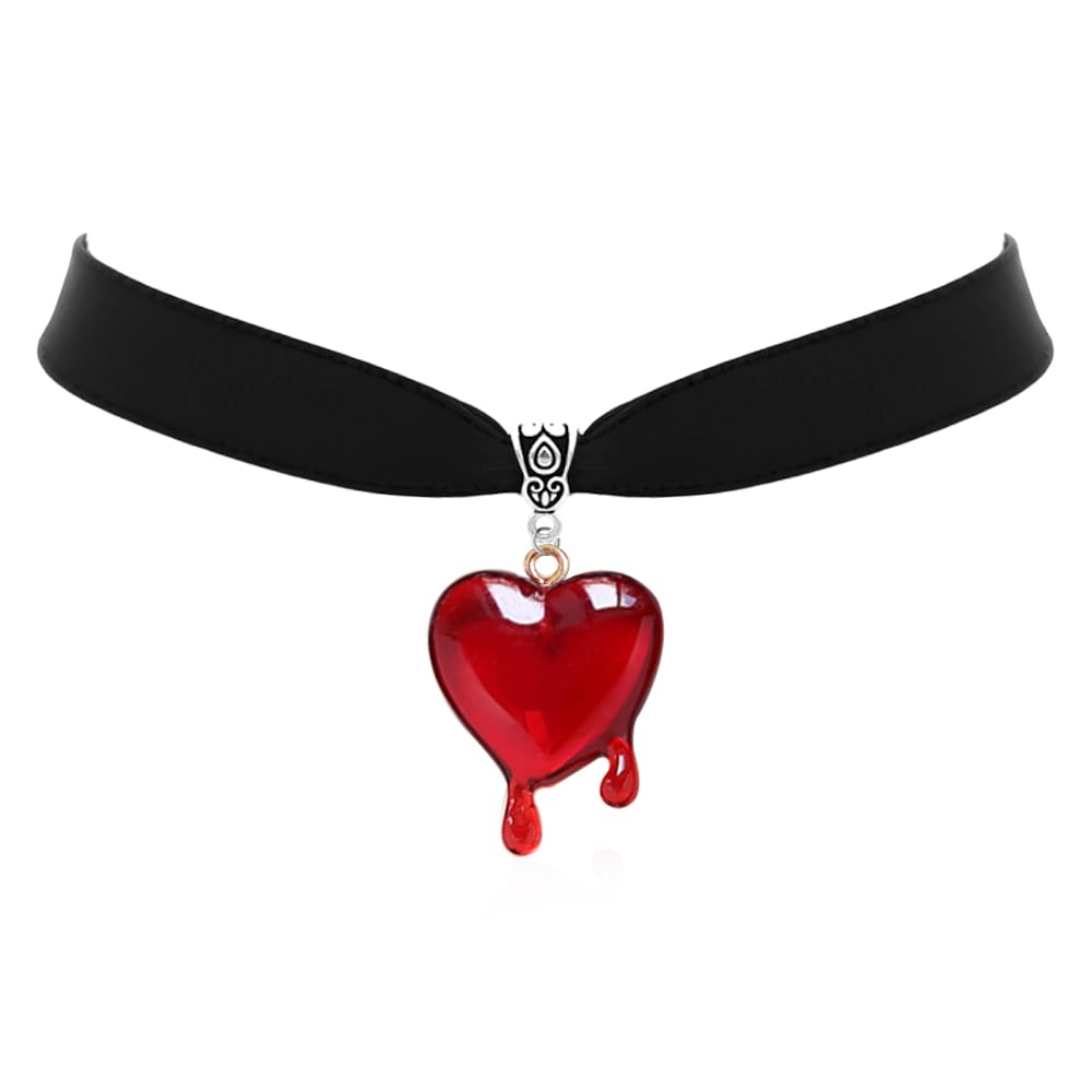 TKHLT Dropping Blood Heart Choker Necklace Y2k Black Velvet Red Heart Pendent