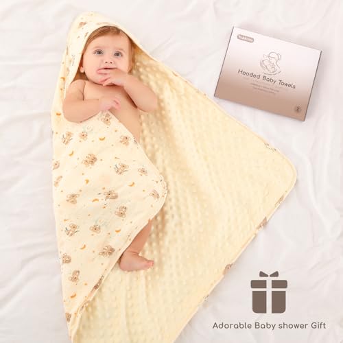 Image of Baby Bath Towels for Newborn 100% Muslin Cotton and Minky Dot Fabric Neutral Hooded Baby Towels Set 2 Pack for Boys Girls Ultra Soft and Absorbent 30 x 30 Inch Brown & Koala