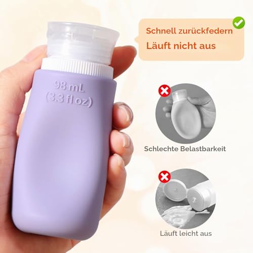 Diboniur 4 Stück Reiseflaschen Zum Befüllen, Silikon Reiseflaschen, Reiseset Flüssigkeiten Set für Shampoo, Creme, Lotion, Reise Gadgets (98 ml)