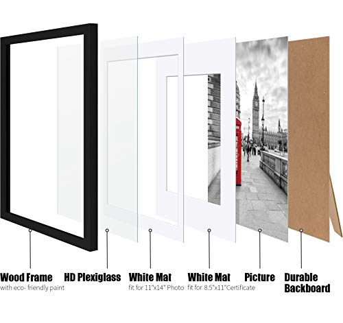 12x16 Picture Frames Made of Solid Wood Display Pictures 11x14 or 8.5x11 Diplomas with Mat or 12x16 Frame without Mat - Picture Frame for 11x14 Black With 2 Mats for Wall Mounting or Table Top Display - Thumbnail 2