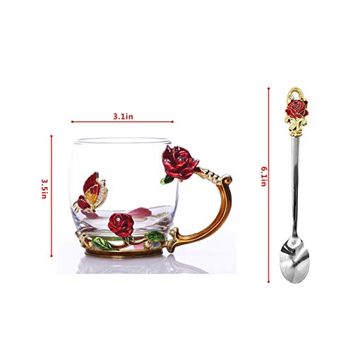 Tea Cup Coffee Mug Cups, Handmade Butterfly Rose,12 oz (Red Rose) Ideal for Friend Wedding Anniversary Birthday Presents - Thumbnail 2