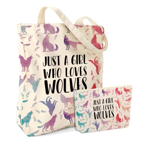 Wolf Gifts Cute Watercolor Wolf Party Favors Stuff Decor 2PCS Cosmetic Bag Canvas Tote Bag Beach Bag Makeup Bags for Women Lovers Breeder Coworker Girls Sister Friend for Christmas Birthday Gifts