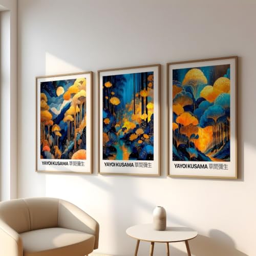 Affiches Yayoi Kusama forêt bleue et dorée triptyque artistique A1