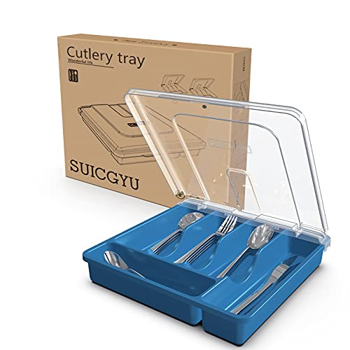 SUICGYU Silverware Organizer with Lid for Drawer, Plastic Utensil Holder for Countertop, Flatware Organizer Cutlery Tray with Cover 5 Compartments (Navy Blue)