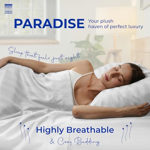 Image of THREAD SPREAD California King Bed Sheets, Luxury 1000 Series Paradise Collection 100% Egyptian Cotton Damask Striped Cal King Sheets Set (4 PC, White Stripe), 16 inch Deep Pocket Hotel Sheet Set
