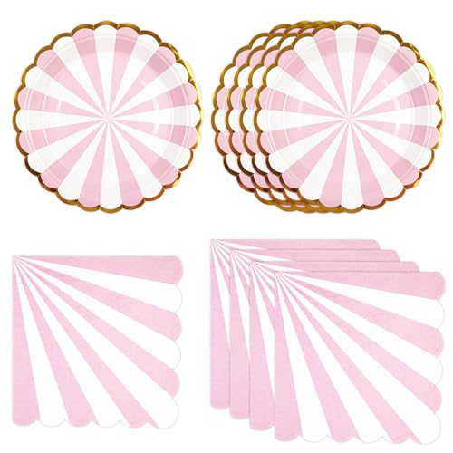 DHAIQC Lot de 50 Vaisselle Jetable Anniversaire, Rose Rayées Assiettes en Carton et Serviettes Festonnées pour Barbecue Anniversaire Enfants Fête Décorations (Rose)
