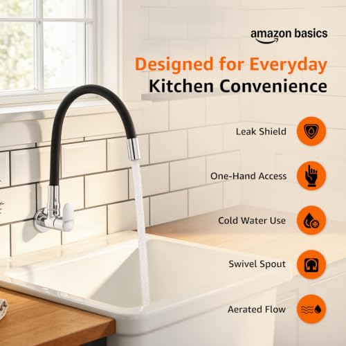 Image of Amazon Basics Flexible Spout Kitchen Faucet | Cold-Only Single Lever Sink Tap with 360 Degree Swivel and Bendable Spout | Kitchen Use | Black and Chrome