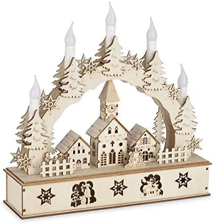 GloBrite Wooden Illuminated Candle Bridge / 5 Warm White Candles / Indoor Christmas Decoration / Battery Operated / 32cm x 30cm x 10cm