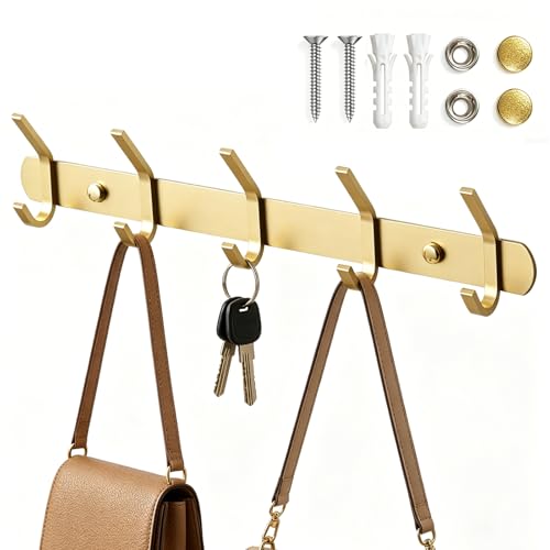 Image of VidFair Stainless Steel Coat Hooks,Wall Mounted Modern Metal Heavy Duty Coat Rack Row Hooks,Hanger Towel Robe Clothes Hat Hook,Bathroom Bedrooms (Gold, 5 Hooks)